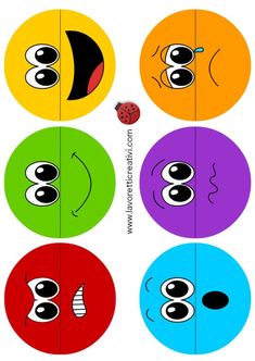 four different colored circles with faces and eyes on them, one has a ladybug