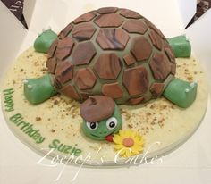 a tortoise shell cake is decorated with green and brown icing