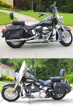 two motorcycles parked side by side in front of a house