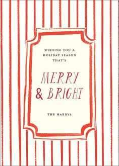 a red and white striped holiday card with the words merry and bright on it's front