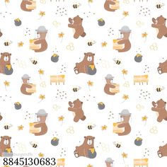 seamless pattern with teddy bears and honeybees on a white background for wallpaper