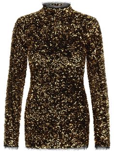 gold-tone all-over sequin embellishment high neck long sleeves open-back setting straight hem thigh-length Gold Mini Dress With Contrast Sequin, Gold Sequin Contrast Mini Dress, Glamorous Gold Mini Dress With Contrast Sequin, Gold Mini Dress With Contrast Sequin For Evening, Gold Contrast Sequin Mini Dress For Evening, Glamorous Gold Sequin Mini Dress, Glamorous Gold Sequin Dress For Holiday Party, Glamorous Long-sleeve Mini Dress With Sequins, Glamorous Long Sleeve Mini Dress With Sequins