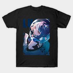 a black t - shirt with an anime character on the front and blue letters that says lu