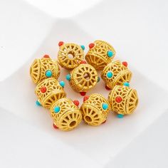 Material: Brass Description High quality 18K gold plated brass, color not easily tarnish, Size: Diameter 9mm, thick 10mm Quantity: 5 pcs per pack Color: 18K gold ❤ More beads items here: ❤ https://www.etsy.com/shop/basicDIYcraftstore?ref=simple-shop-header-name&listing_id=823835581&section_id=29135847 ❤ More other items here: ❤ https://www.etsy.com/shop/basicDIYcraftstore?ref=simple-shop-header-name&listing_id=823835581 Shipping Following is the place that our shipping way can not reach. Order w Gold Gemstone Beads For Gift, Gold Jewelry With Colorful Oval Beads, Traditional Handmade Gold Beads And Gems, Traditional Multicolor Gold Beads, Beads Gold Necklace, Gold Spacer Beads For Festivals, 8mm Gold Spiritual Beads, Cheap Traditional Yellow Beads, Cheap Gold Round Beads