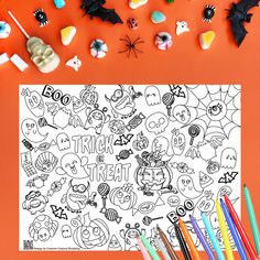 halloween coloring page with candy and candies on an orange background, surrounded by other items