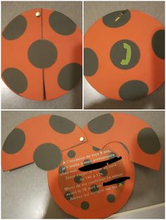 an orange and black ladybug cut out from cardboard with writing on the side