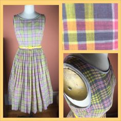 "Sweet, homestyle swing era daydress with a lovely plaid trimmed in gray. Tightly pleated for ample fullness (displayed here over petticoat not included with dress). Comes with belt which is not original but goes nicely with the dress. Metal side zipper. 36\" bust, 28\" waist. Length is about 42\" from neckline to hem measured on form. Shown cinched a bit on a Size 6 form. No label. Dress in very good vintage condition, with some wear/thinning commensurate with age." Cotton Frocks, Period Clothing, Old Fashion Dresses, Period Outfit, Yellow Plaid, 50s Fashion, Waist Length, Dress Clothes For Women, Petticoat