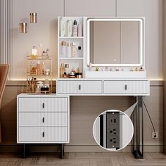 a white vanity with drawers and mirror on the wall next to a wooden chair in front of it