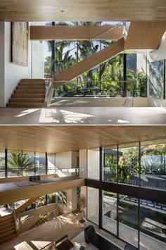 two pictures of stairs in the middle of a room with glass walls and wood flooring