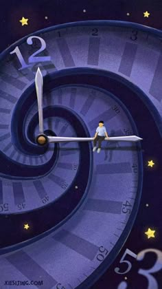 a painting of a man on top of a large clock with stars in the background