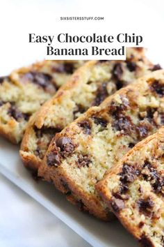 easy chocolate chip banana bread on a white plate