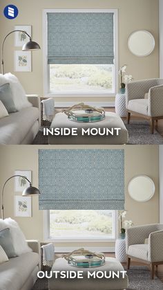 two pictures of the same room with different furniture and window coverings in each one