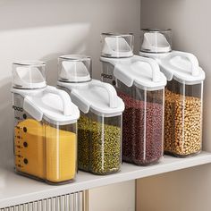 an assortment of food in containers on a shelf