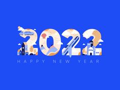 the word happy new year is made up of different types of buildings and objects on a blue background