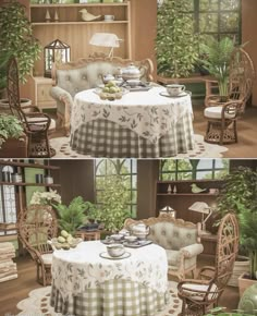 an animated image of a table and chairs in a living room with potted plants