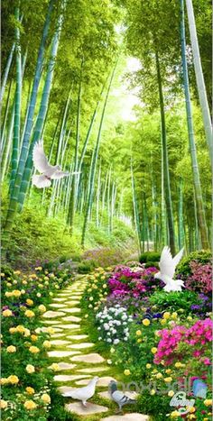 a garden with flowers and birds in the middle of it, surrounded by bamboo trees