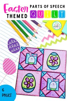 an easter themed quilt pattern with pencils and markers on it, next to the instructions for