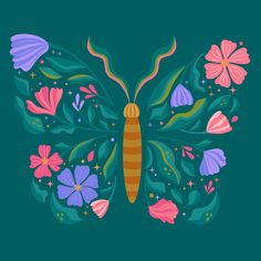 a colorful butterfly with flowers and leaves on it's wings is featured in the image