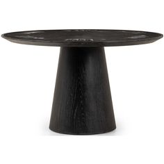 a black table with a wooden base and round design on the top, against a white background