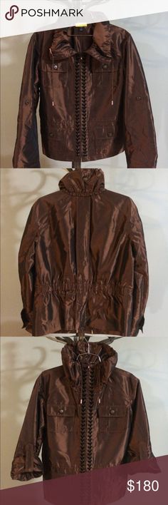 Pre-owned SoCa ST JOHN jacket Metallic brown hooded jacket with cinch hood & waist adjustments, with multiple pockets, snap adjustable sleeves. ST JOHN SoCa Jackets & Coats Utility Jackets Casual Silk Outerwear For Work, Fitted Silk Outerwear For Fall, Silk Long Sleeve Outerwear For Fall, Silk Long Sleeve Fall Outerwear, Brown Corduroy Single-breasted Outerwear, Brown Jacket, Utility Jacket, St John, Hooded Jacket