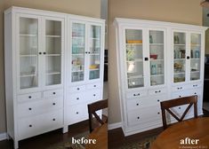 before and after shots of a dining room hutch with glass doors, white painted wood furniture