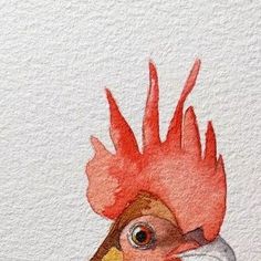 a watercolor painting of a rooster wearing a red and white hat with feathers on it's head