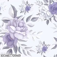 a blue and white floral wallpaper with purple flowers