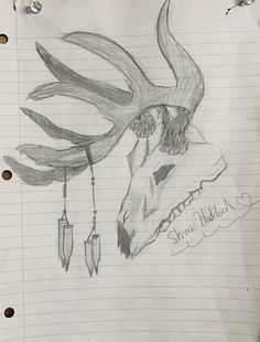 a drawing of a bull's head with feathers and beads hanging from its antlers