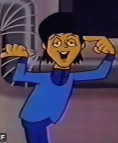 a cartoon man is holding his hands up in the air