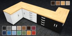 an image of a kitchen counter top with drawers and cupboards in different color options