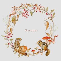 a watercolor painting of two chipmuns in a wreath with autumn leaves and berries