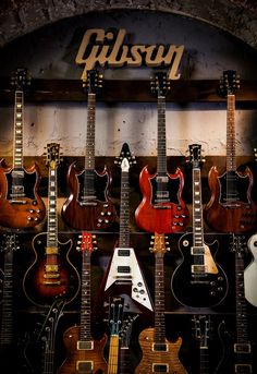 guitars are lined up in front of the gibson sign