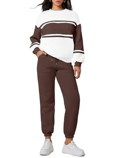 Herseas Womens Long Sleeve Crewneck Color Block Sweatshirt with Jogger Pants 2 Piece Outfits Tracksuit Lounge Set