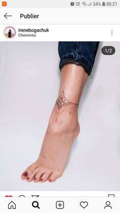 a person's foot with a tattoo on the left side of their right leg