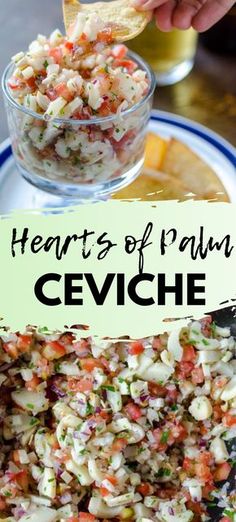 hearty ceviche salad with hearts of palm in the middle and text overlay that reads hearts of palm