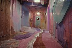 the hallway is covered in pink and purple carpet