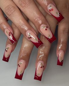 Fruity spring nails with a touch of spice.  #RedFrenchTip #CherryNails #FrenchManicure #RedNails #NailArt #ManicureMonday #NailDesigns #CherryManicure #NailInspiration #NailIdeas #NailsOfTheDay #NailTrends #NailFashion #NailGoals #NailAddict French Tip Nails With Cherry Design, White French Tip Cherry Nails, Cherry Nails Square, Cherry Nails French Tip, Cherry Red Nail Designs, Cherry French Tips, French Tip Cherry Nails, Cherry French Nails, Cherry French Tip Nails