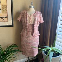 Kay Unger Two Piece Tweed Dress Gorgeous!!!! A Flattering Peplum Waist And Ruffled Top Adds Class To An Ultrafeminine Tweed Two Piece Dress. * Dress 38"; Bust: 17.5”; Waist 15.5”; 19.5” Hips * Side Zip Closure * Fully Lined * Pencil Skirt * Jacket: Lobster Hook Closure; Bust: 16.5”; Waist 16.5”; 21.75”L Euc W Minor Wear. Smoke Free / Smells Clean. Tweed Two Piece, Pencil Skirt Suit, Ruffle Jacket, Kay Unger, Skirt Suit Set, Suit Dress, Ruffled Top, Tweed Dress, Pink Ruffle