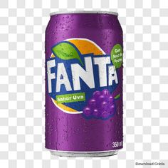 a can of fanta grape soda with water droplets on the side, transparent background