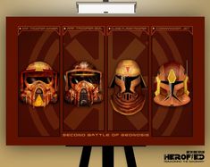 the star wars helmets are on display in front of a poster that says, second battle of