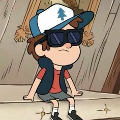 a cartoon boy wearing sunglasses and a hat on top of a skateboard in front of a wooden fence