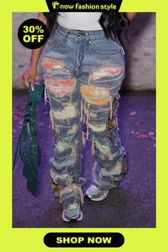 knowfashionstyle Casual Patchwork Hollowed Out Mid Waist Straight Denim Jeans (Subject To The Actual Object) Casual High Rise Multicolor Jeans, Casual Multicolor High Rise Jeans, Trendy Distressed Multicolor Jeans, Casual Multicolor Denim Jeans, Trendy Multicolor High Rise Jeans, Spring Multicolor Denim Jeans, Multicolor High Rise Denim Jeans, Multicolor Distressed Jeans For Spring, Multicolor Distressed Cotton Jeans