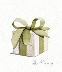 a watercolor painting of a present box with a green bow