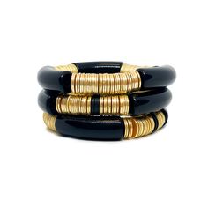 Black colored curved acrylic beads 10mm 14k gold plated Indian discs Set of 3 7-inch stretch elastic band One size fits most Acrylic Beads, Bracelet Stack, Elastic Band, Black Color, Gold Plate, Plating, Elastic, Band, Beads