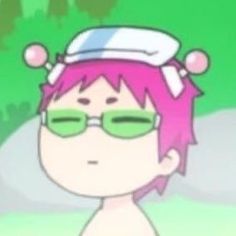 a cartoon character with pink hair and green glasses