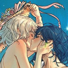 two people kissing each other in front of a blue sky with stars and ribbons around them