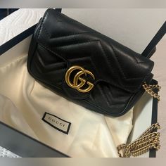 Authentic. Box & Dust Bag Included. Used 1-2 Times. No Stains Or Damages. Gg Marmont Super Mini Bag, Marmont Super Mini, Mini Bag Black, Black Chevron, Gg Marmont, Gucci Bags, Gucci Bag, Mini Bag, Dust Bag