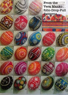 many different colored eggs with designs on them