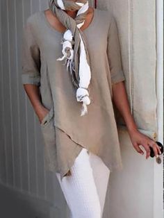 Mode Over 50, Linen Casual, Casual Blouse, Blouse Vintage, White Pants, Plus Size Blouses, Linen Women, Mode Style, Long Sleeve Casual