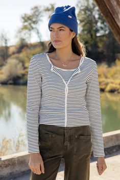 Jeanne Stripe Tank   Cardigan – ROOLEE Button Front Cardigan, Striped Tank, Nice Tops, Piping, Spaghetti Strap, Spaghetti, White